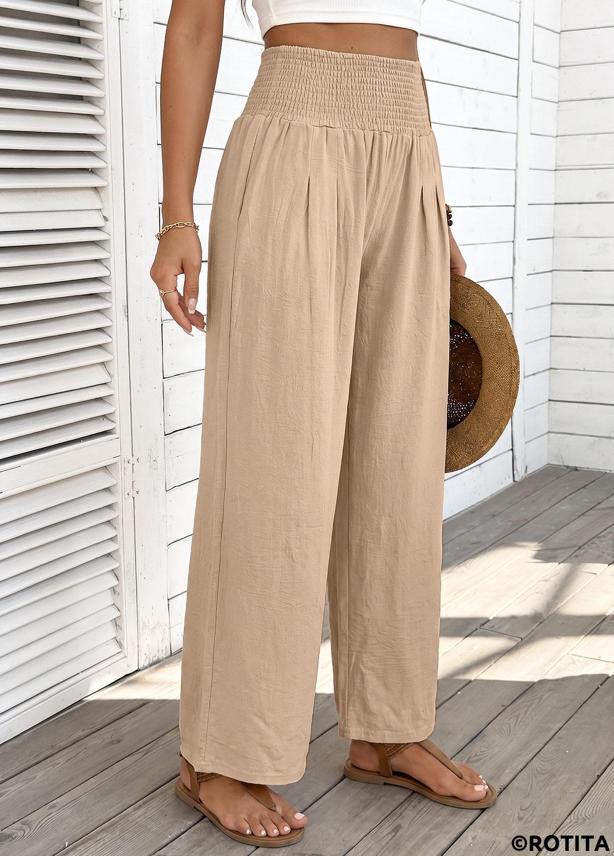 Light Coffee bottoms,Plain Color bottoms,Light Coffee Straight Leg Elastic Waist High Waisted Pants
