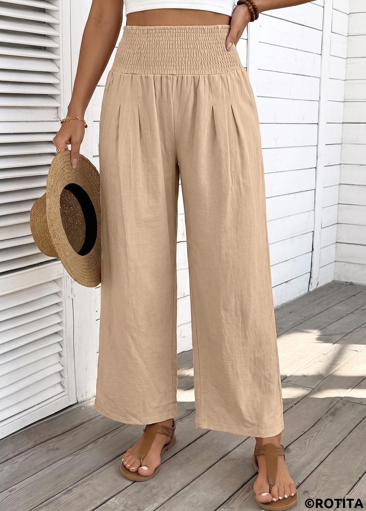 Light Coffee bottoms,Plain Color bottoms,Light Coffee Straight Leg Elastic Waist High Waisted Pants