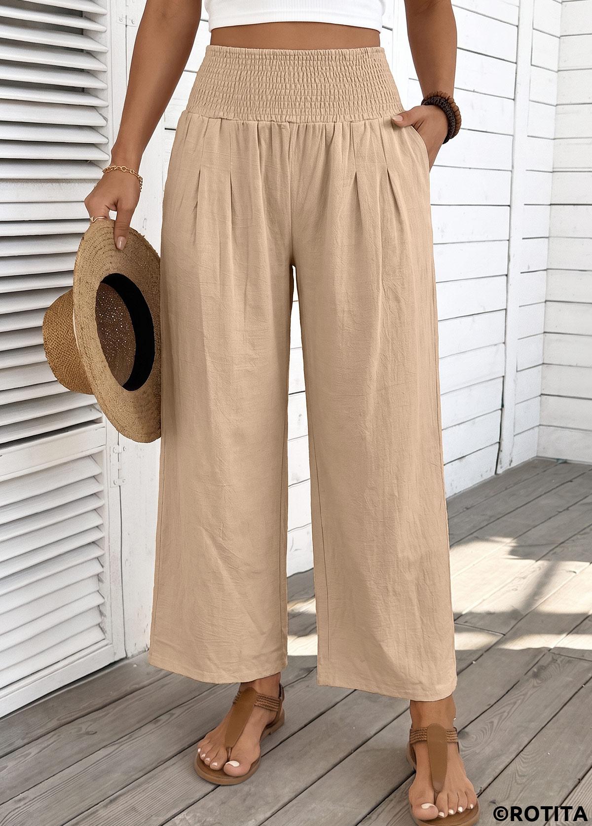 Light Coffee bottoms,Plain Color bottoms,Light Coffee Straight Leg Elastic Waist High Waisted Pants