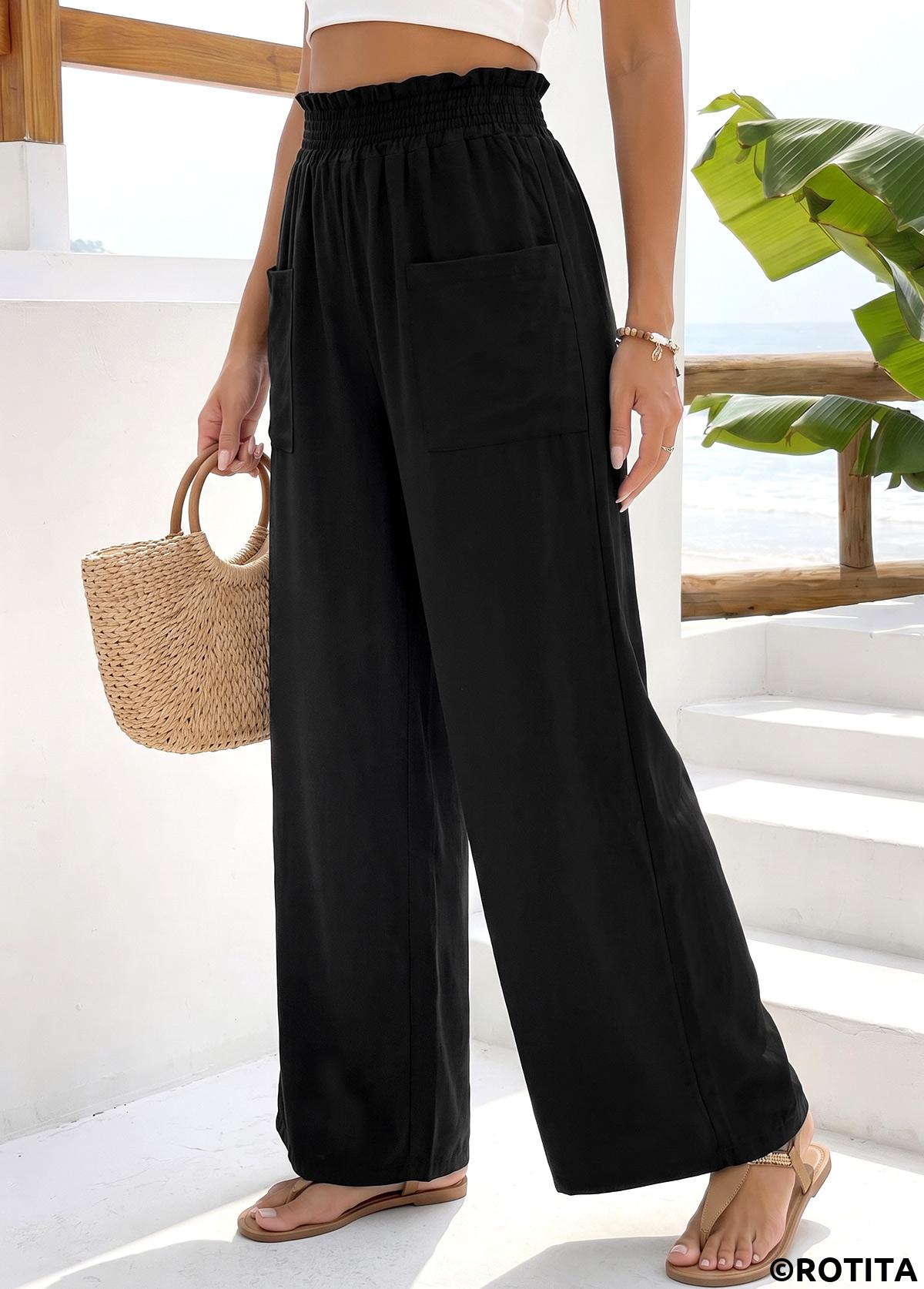 Black bottoms,Plain Color bottoms,Black Wide Leg Elastic Waist High Waisted Pants