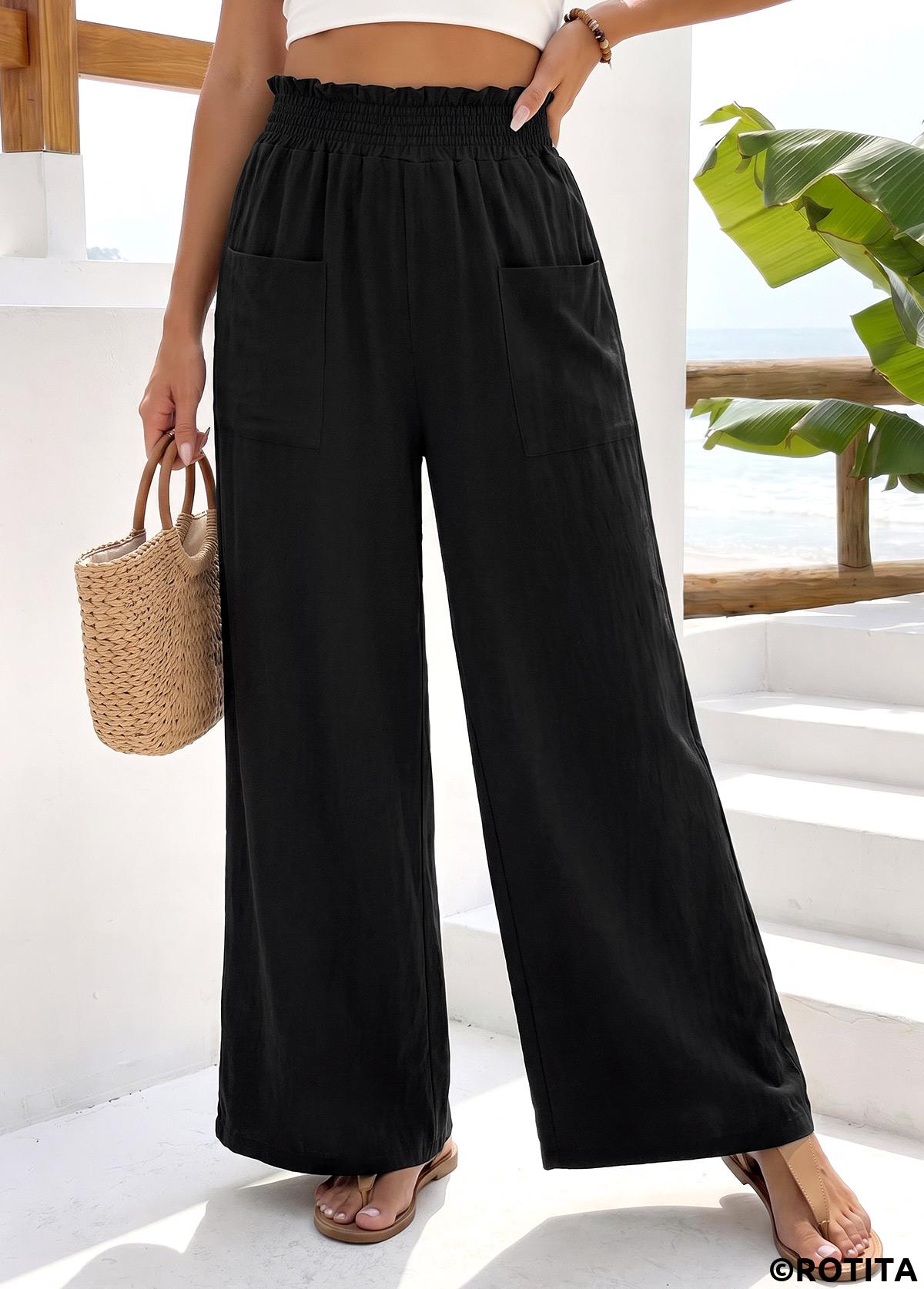 Black bottoms,Plain Color bottoms,Black Wide Leg Elastic Waist High Waisted Pants