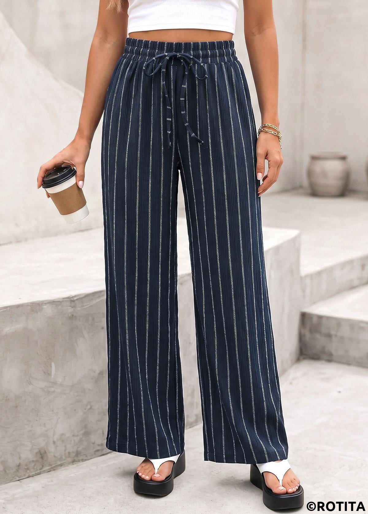 Navy bottoms,Striped bottoms,Geometric bottoms,Striped Navy Elastic Waist High Waisted Pants