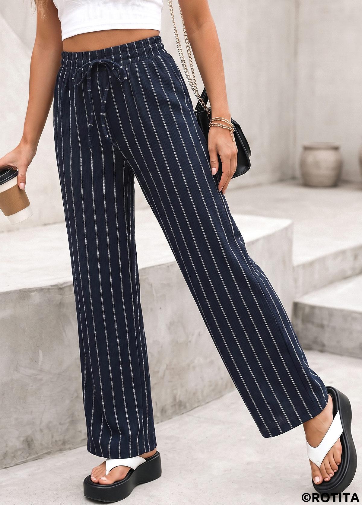 Navy bottoms,Striped bottoms,Geometric bottoms,Striped Navy Elastic Waist High Waisted Pants