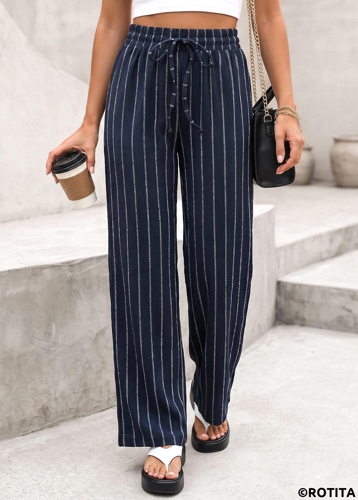 Navy bottoms,Striped bottoms,Geometric bottoms,Striped Navy Elastic Waist High Waisted Pants