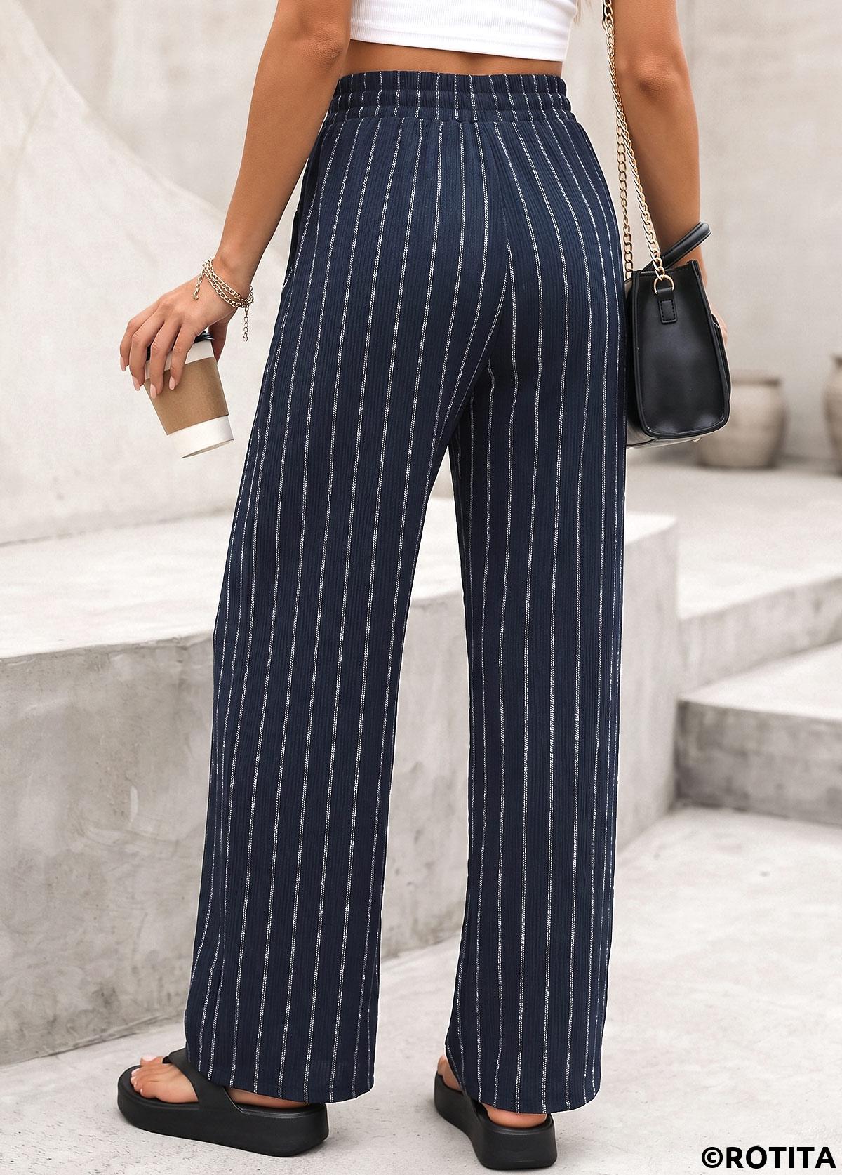 Navy bottoms,Striped bottoms,Geometric bottoms,Striped Navy Elastic Waist High Waisted Pants