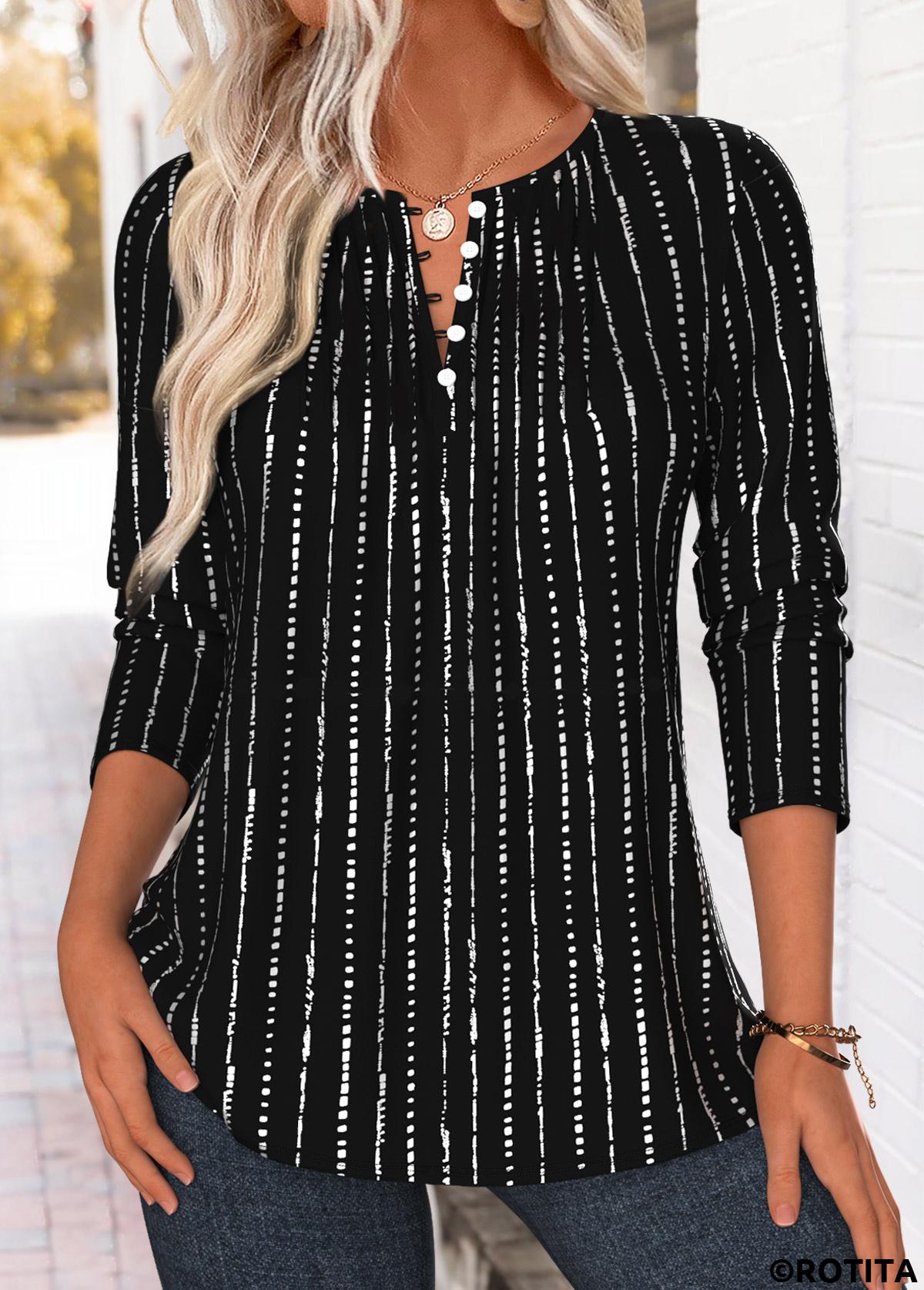 Black tops,Striped tops,Geometric tops,ROTITA Tuck Stitch Striped Black Split Neck T Shirt