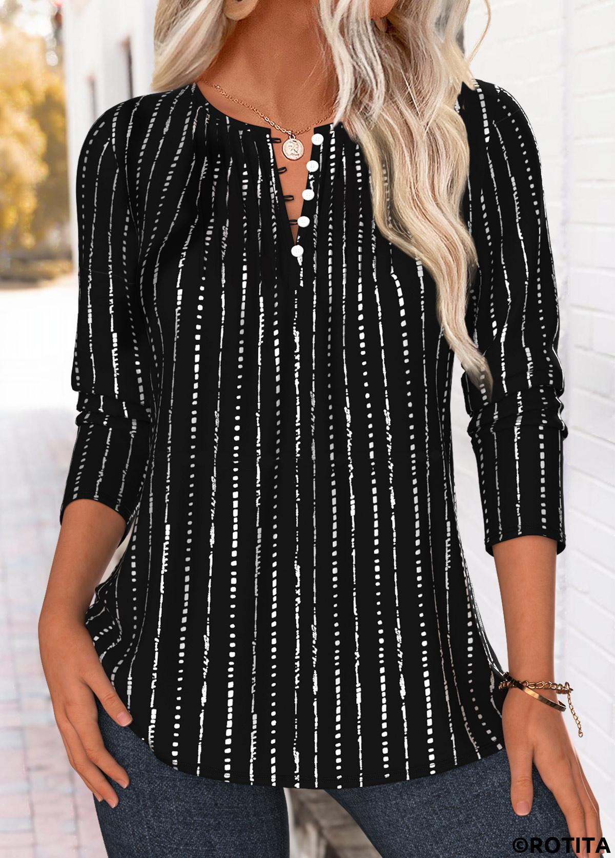 Black tops,Striped tops,Geometric tops,ROTITA Tuck Stitch Striped Black Split Neck T Shirt