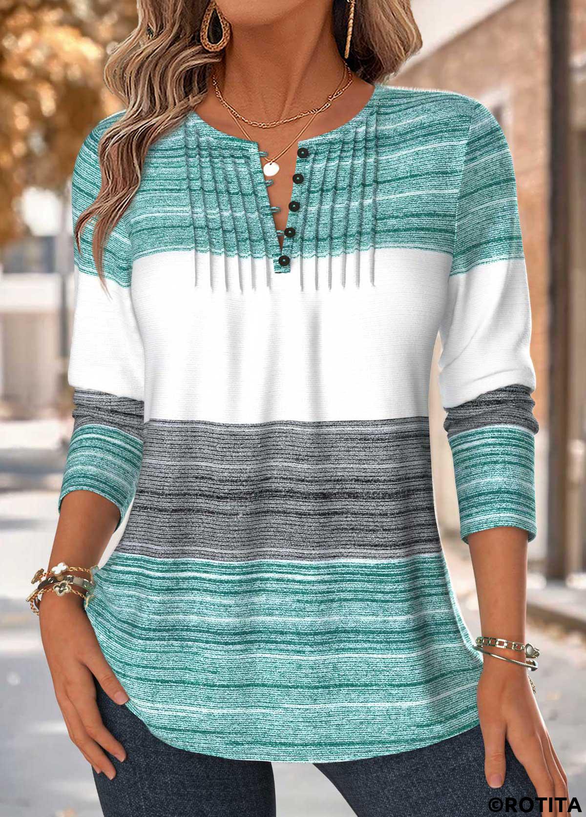 Mint Green tops,Striped tops,Geometric tops,ROTITA Tuck Stitch Striped Mint Green Split Neck T Shirt