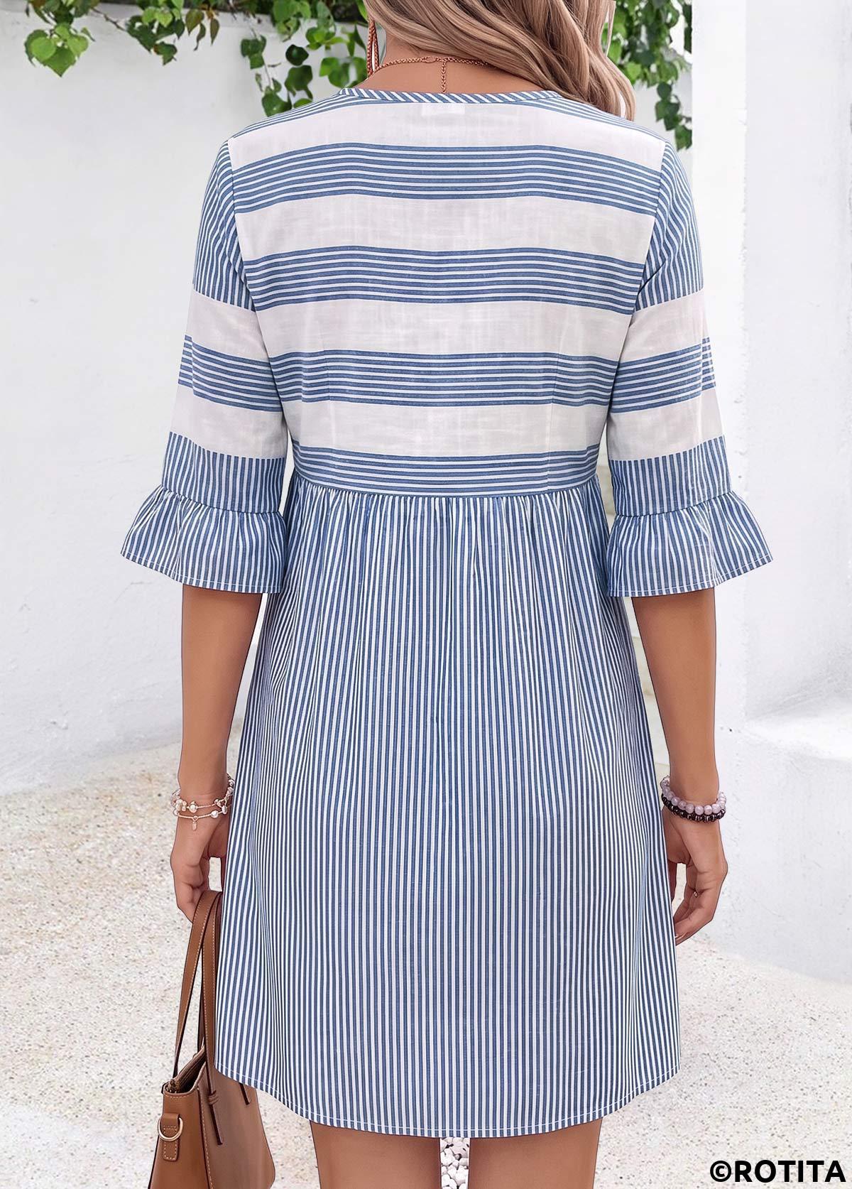 Blue dresses,Striped dresses,Geometric dresses,Everyday dresses,Casual dresses,ROTITA Blue Striped Tummy Coverage Short Split Neck Dress