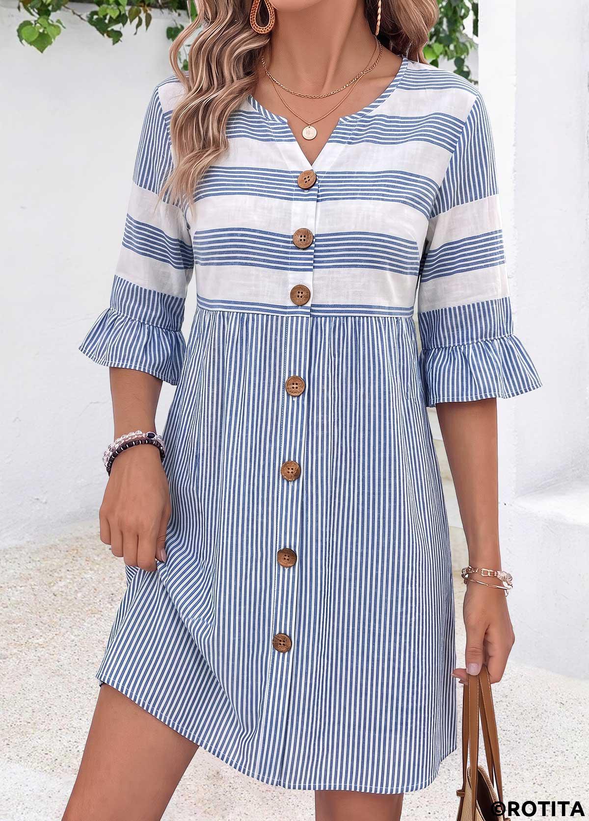 Blue dresses,Striped dresses,Geometric dresses,Everyday dresses,Casual dresses,ROTITA Blue Striped Tummy Coverage Short Split Neck Dress