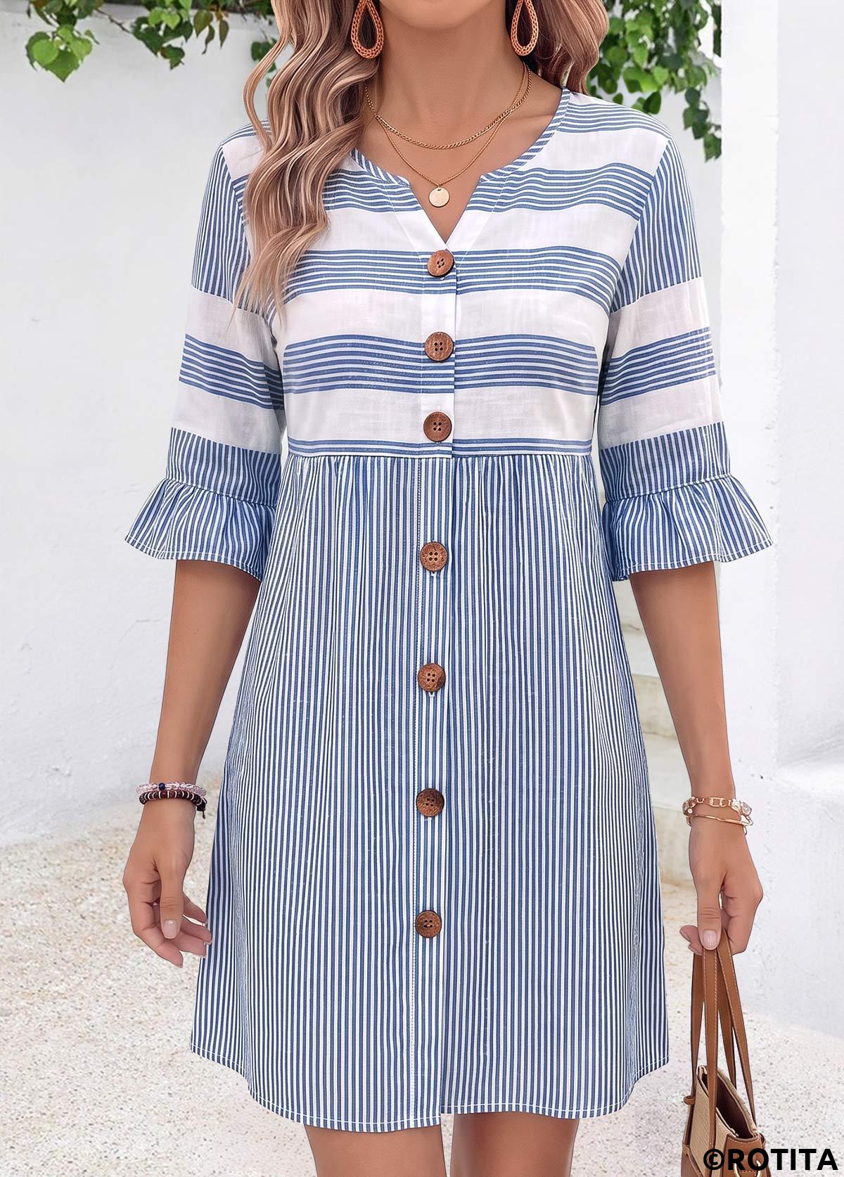 Blue dresses,Striped dresses,Geometric dresses,Everyday dresses,Casual dresses,ROTITA Blue Striped Tummy Coverage Short Split Neck Dress
