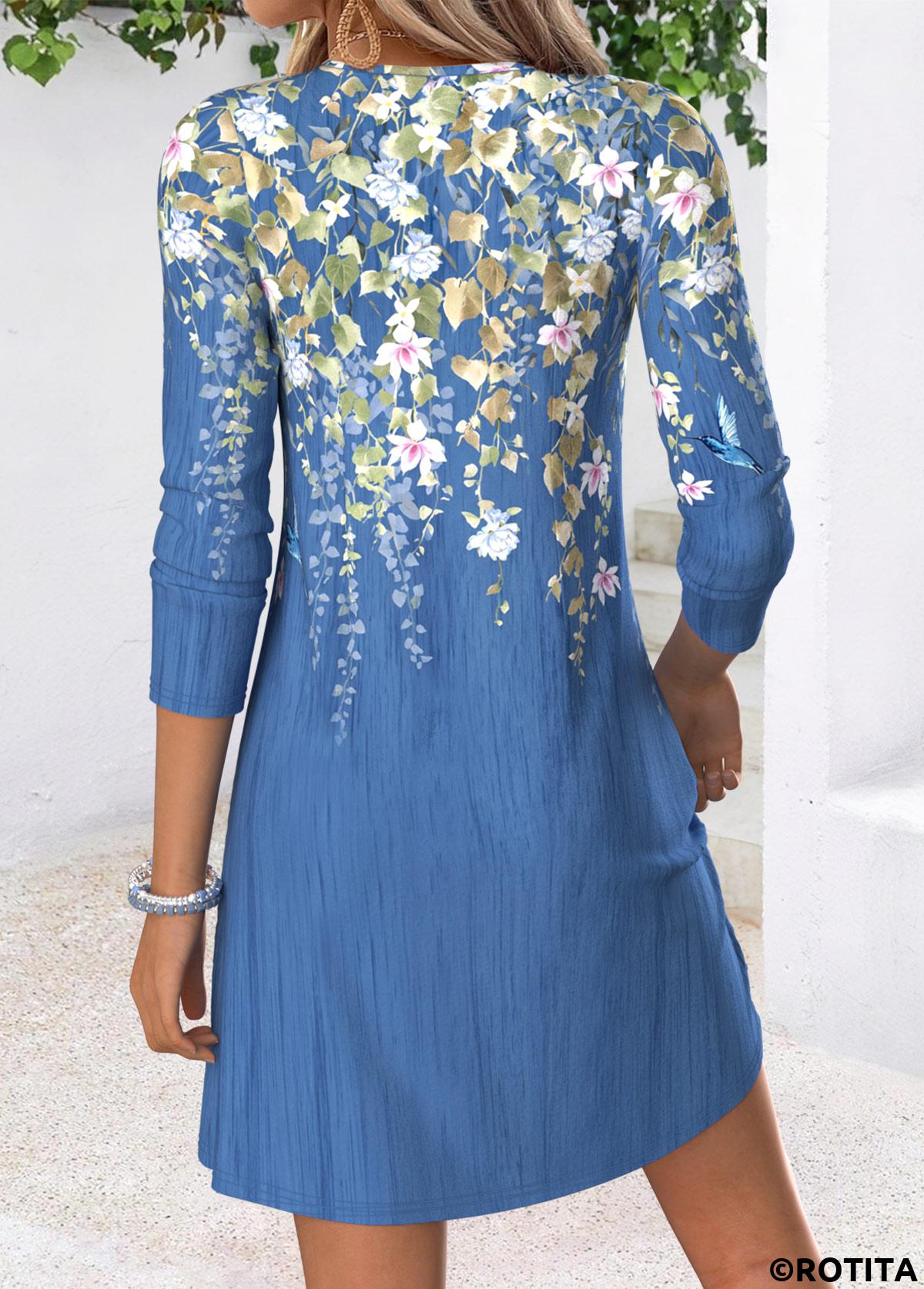 Blue dresses,Floral dresses,Plants dresses,Everyday dresses,Casual dresses,ROTITA Blue Floral Print Tuck Stitch Short Split Neck Dress