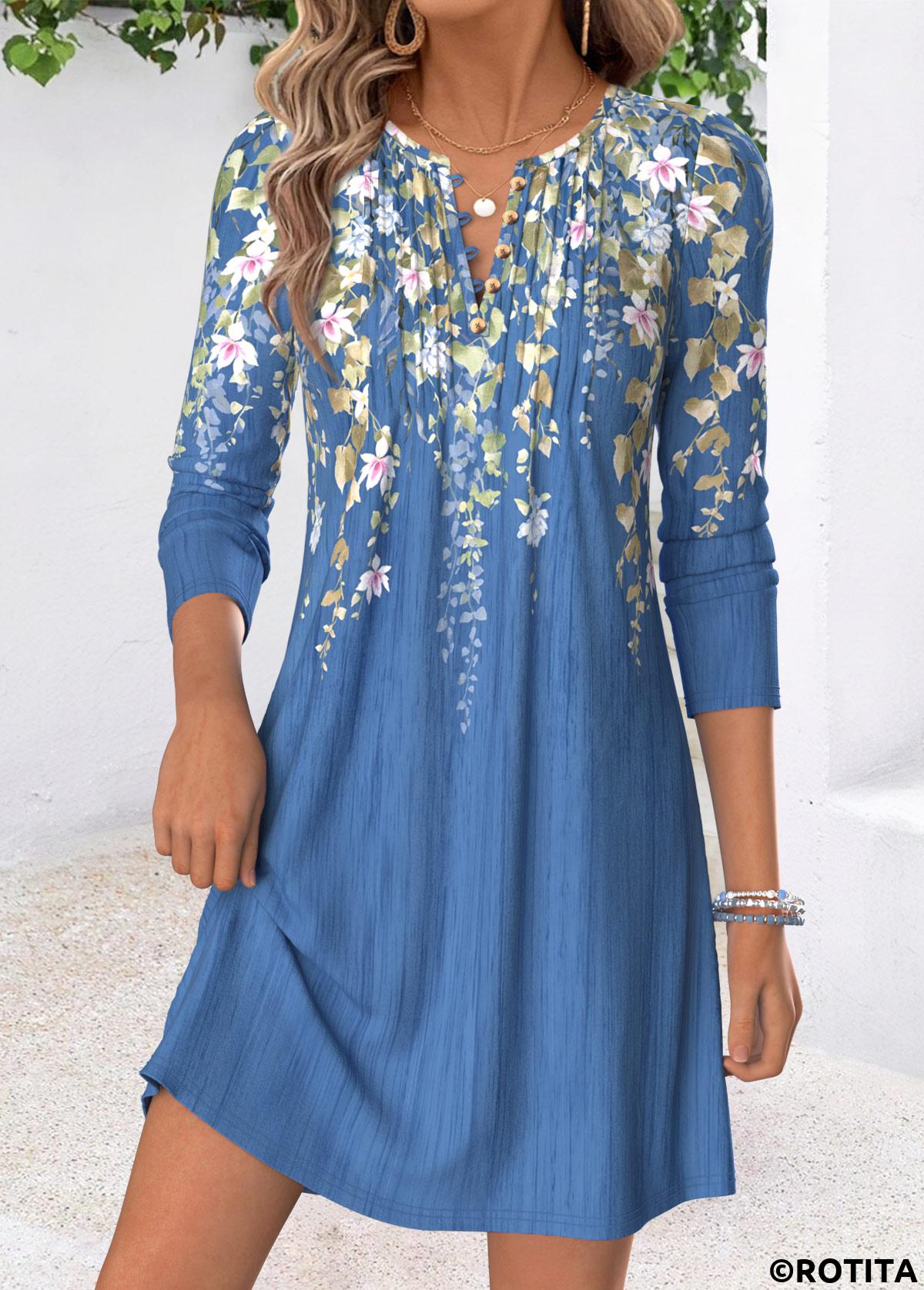 Blue dresses,Floral dresses,Plants dresses,Everyday dresses,Casual dresses,ROTITA Blue Floral Print Tuck Stitch Short Split Neck Dress