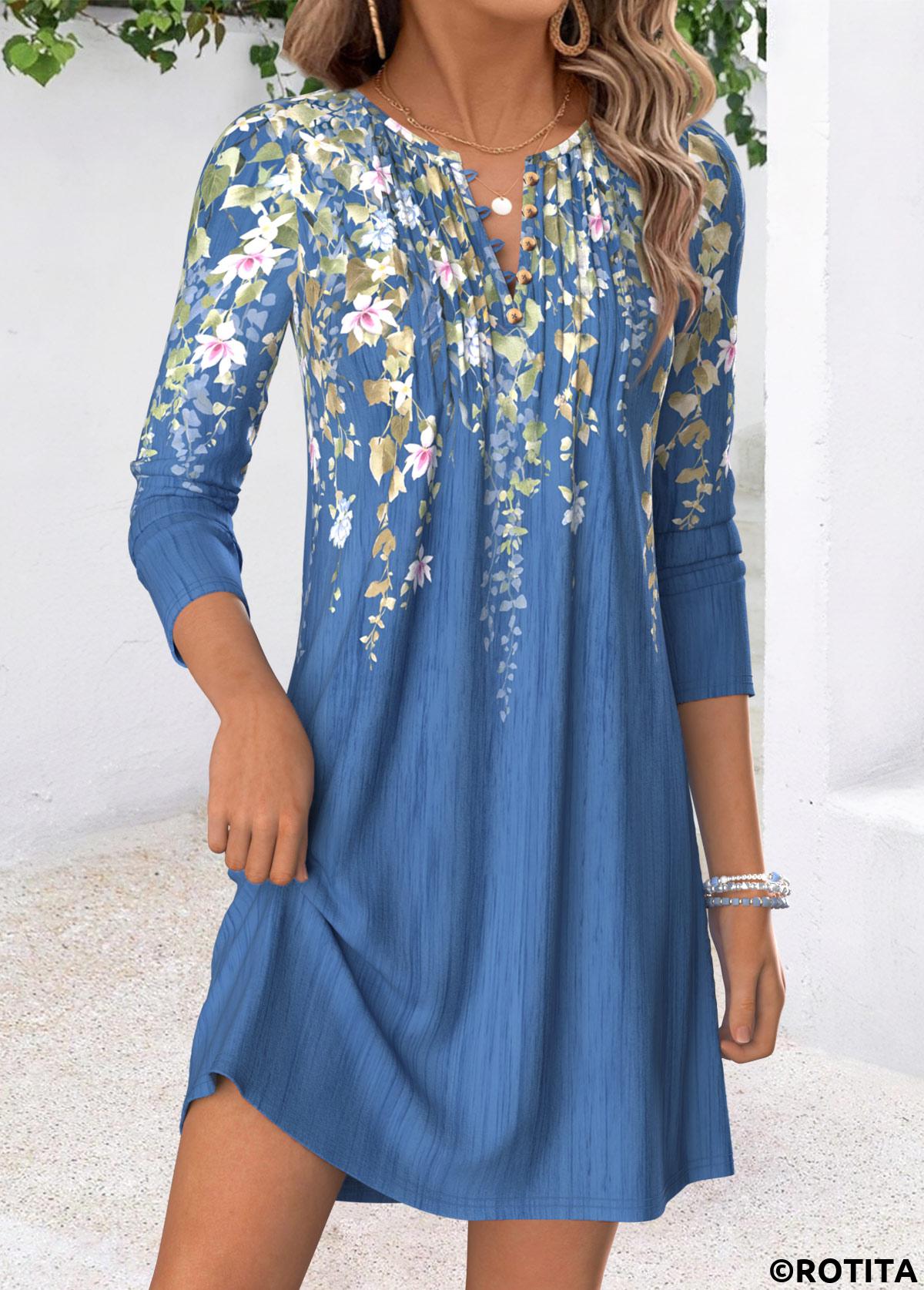Blue dresses,Floral dresses,Plants dresses,Everyday dresses,Casual dresses,ROTITA Blue Floral Print Tuck Stitch Short Split Neck Dress