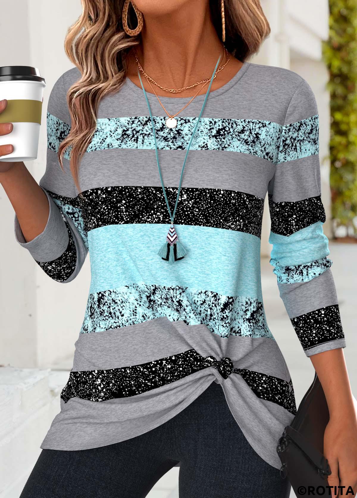 Mint Green tops,Striped tops,Geometric tops,ROTITA Twist Striped Mint Green Round Neck T Shirt