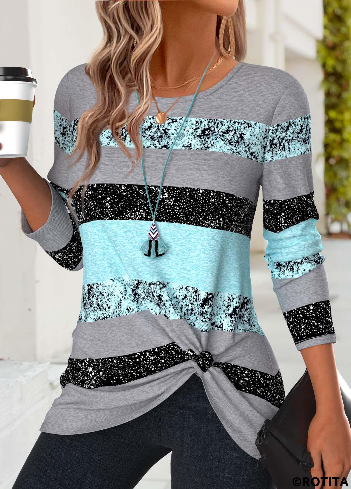 Mint Green tops,Striped tops,Geometric tops,ROTITA Twist Striped Mint Green Round Neck T Shirt