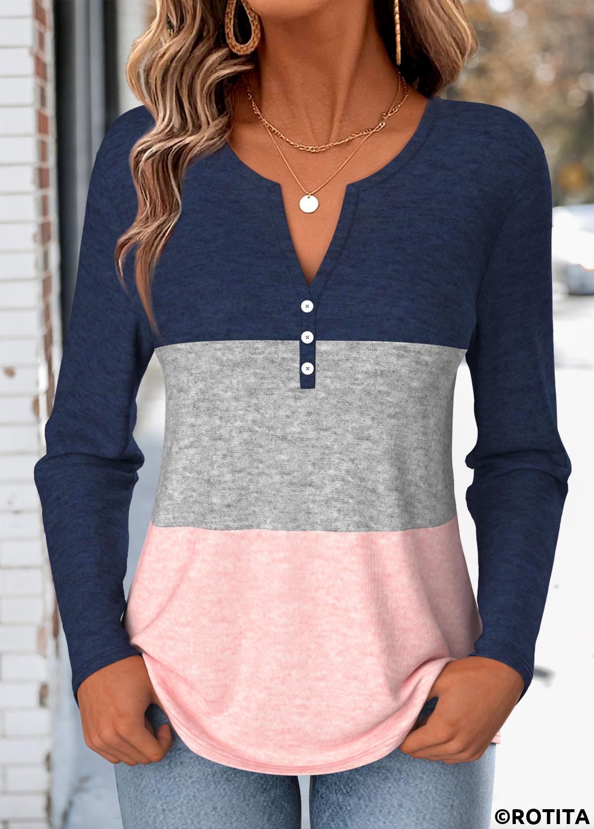 Multi Color tops,Contrast Color tops,ROTITA Button Multi Color Split Neck Long Sleeve T Shirt