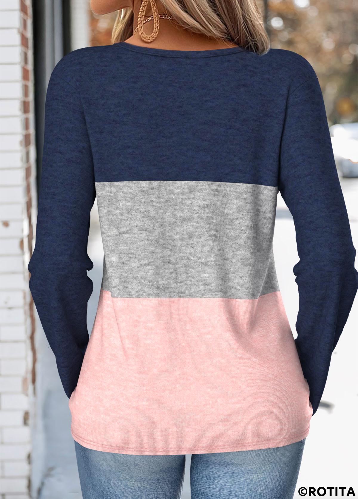 Multi Color tops,Contrast Color tops,ROTITA Button Multi Color Split Neck Long Sleeve T Shirt