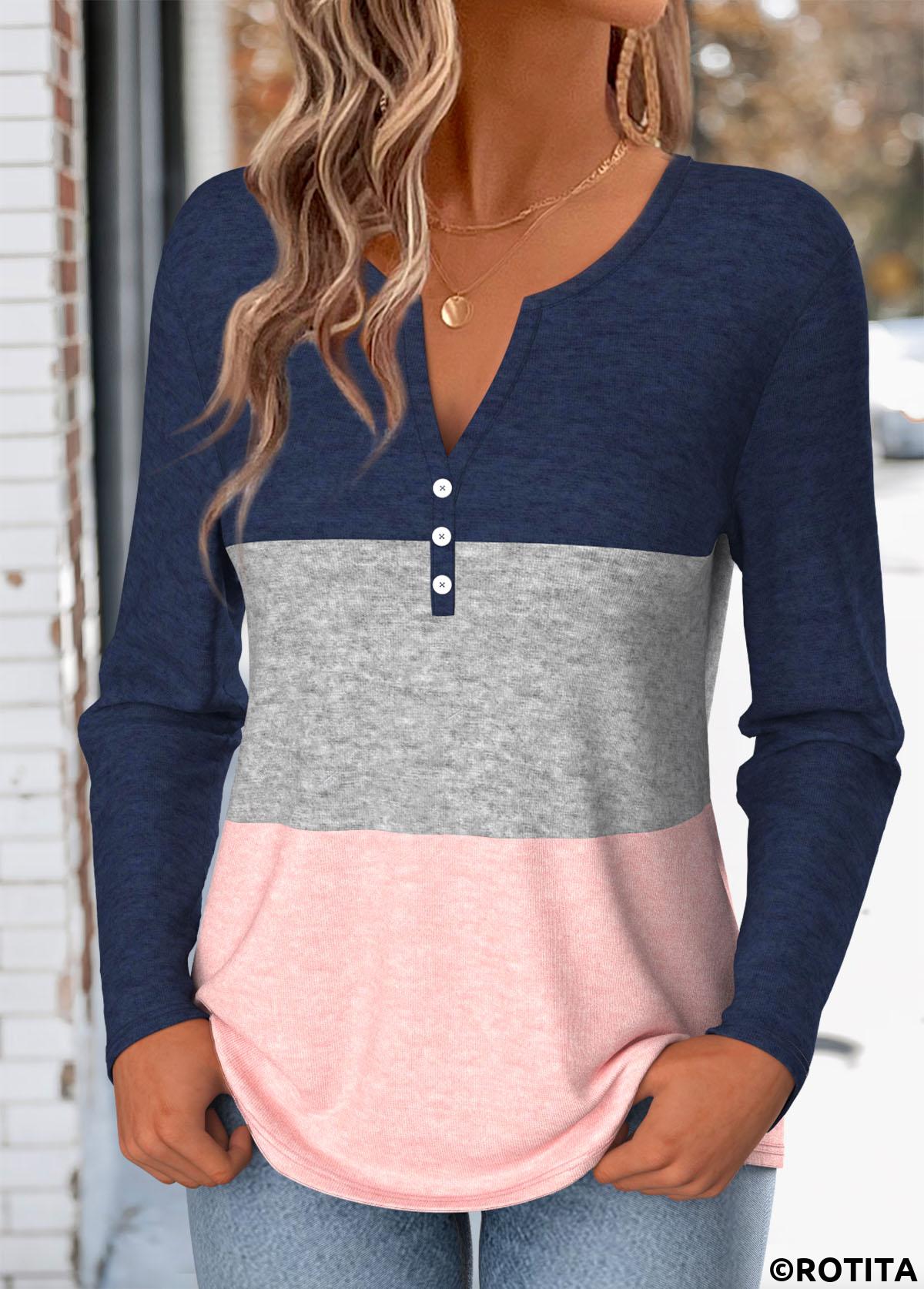 Multi Color tops,Contrast Color tops,ROTITA Button Multi Color Split Neck Long Sleeve T Shirt