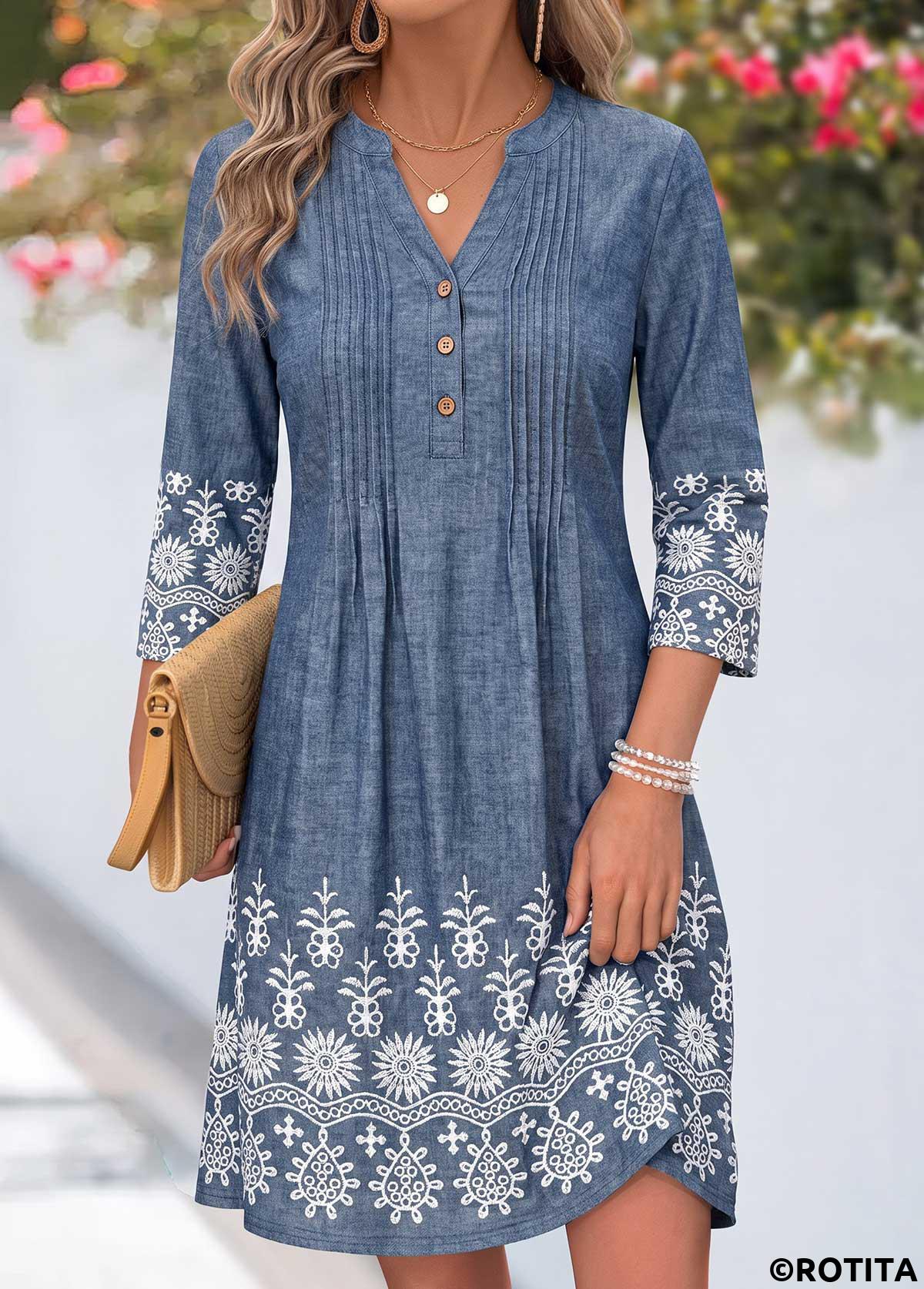 Denim Blue dresses,Tribal dresses,Everyday dresses,Casual dresses,ROTITA Denim Blue Tribal Print Tuck Stitch Short Dress