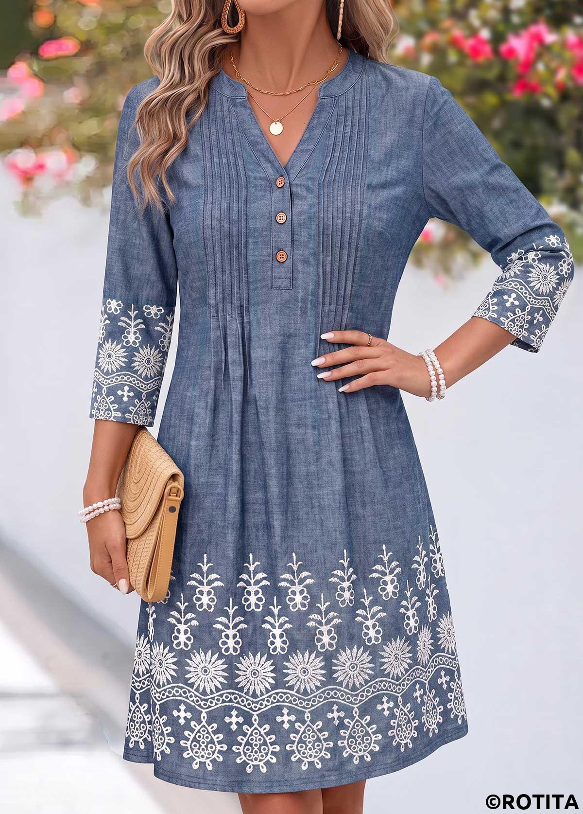 Denim Blue dresses,Tribal dresses,Everyday dresses,Casual dresses,ROTITA Denim Blue Tribal Print Tuck Stitch Short Dress