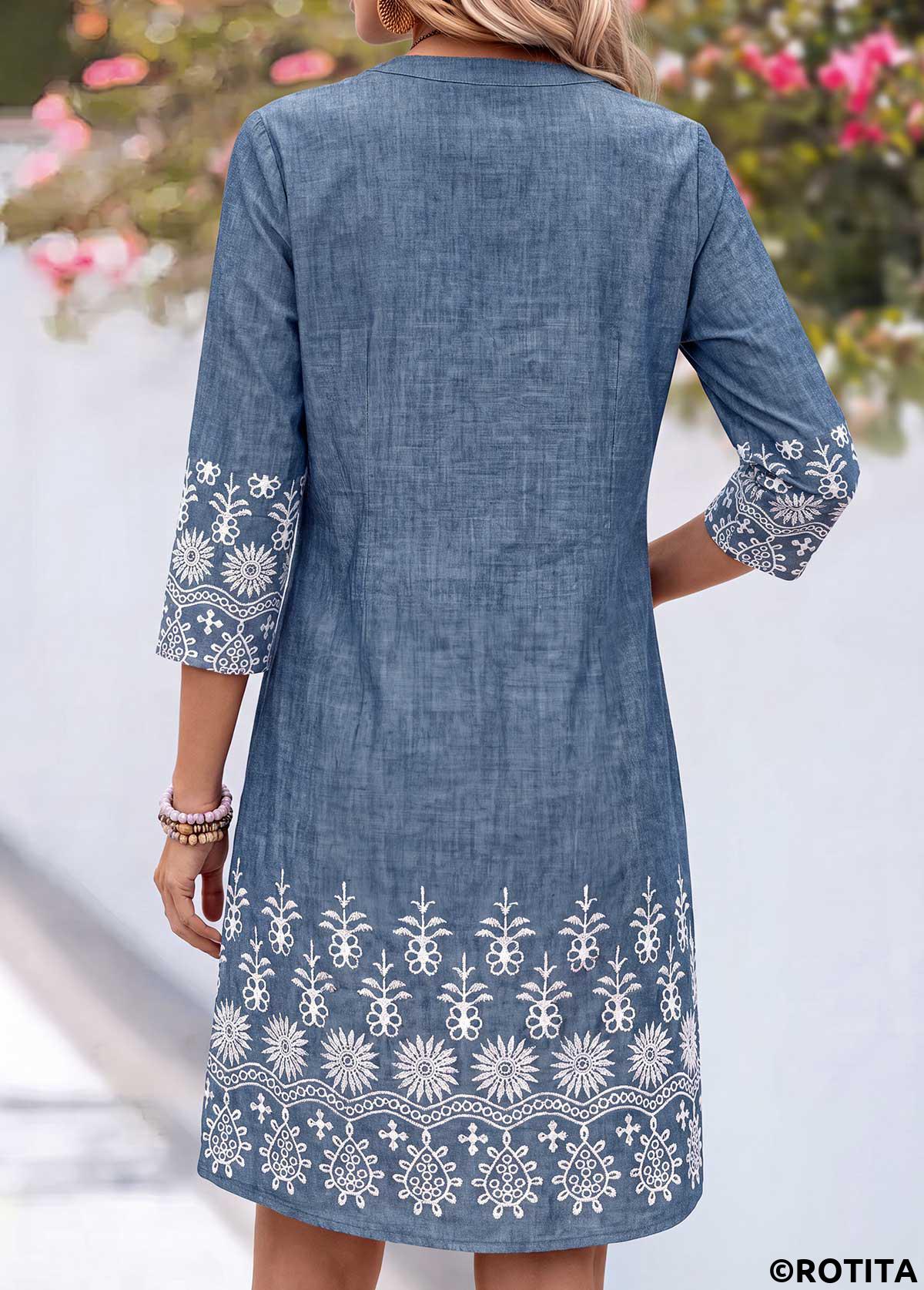 Denim Blue dresses,Tribal dresses,Everyday dresses,Casual dresses,ROTITA Denim Blue Tribal Print Tuck Stitch Short Dress