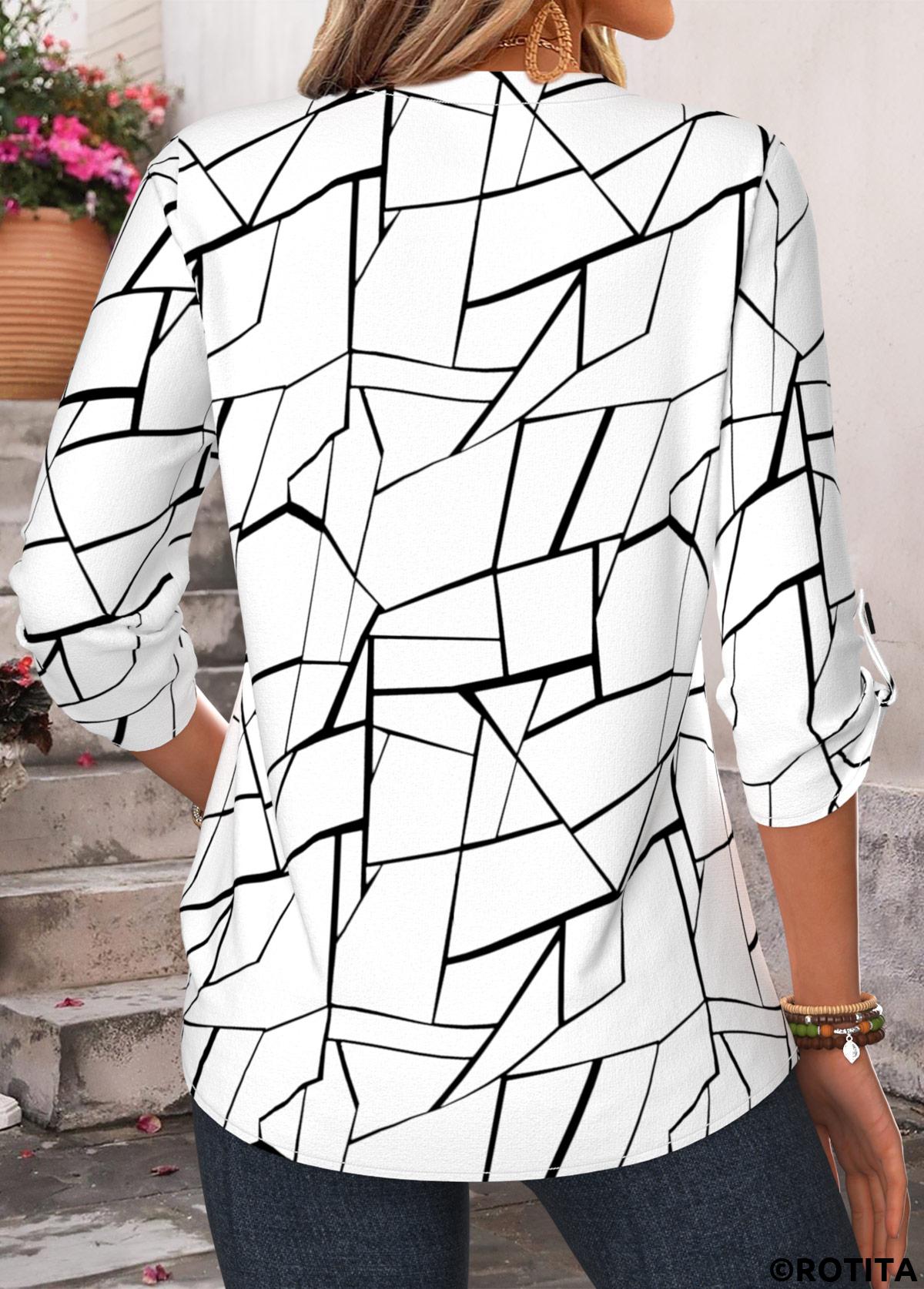 White tops,Geometric tops,ROTITA Curved Hem Geometric Print White Split Neck Shirt
