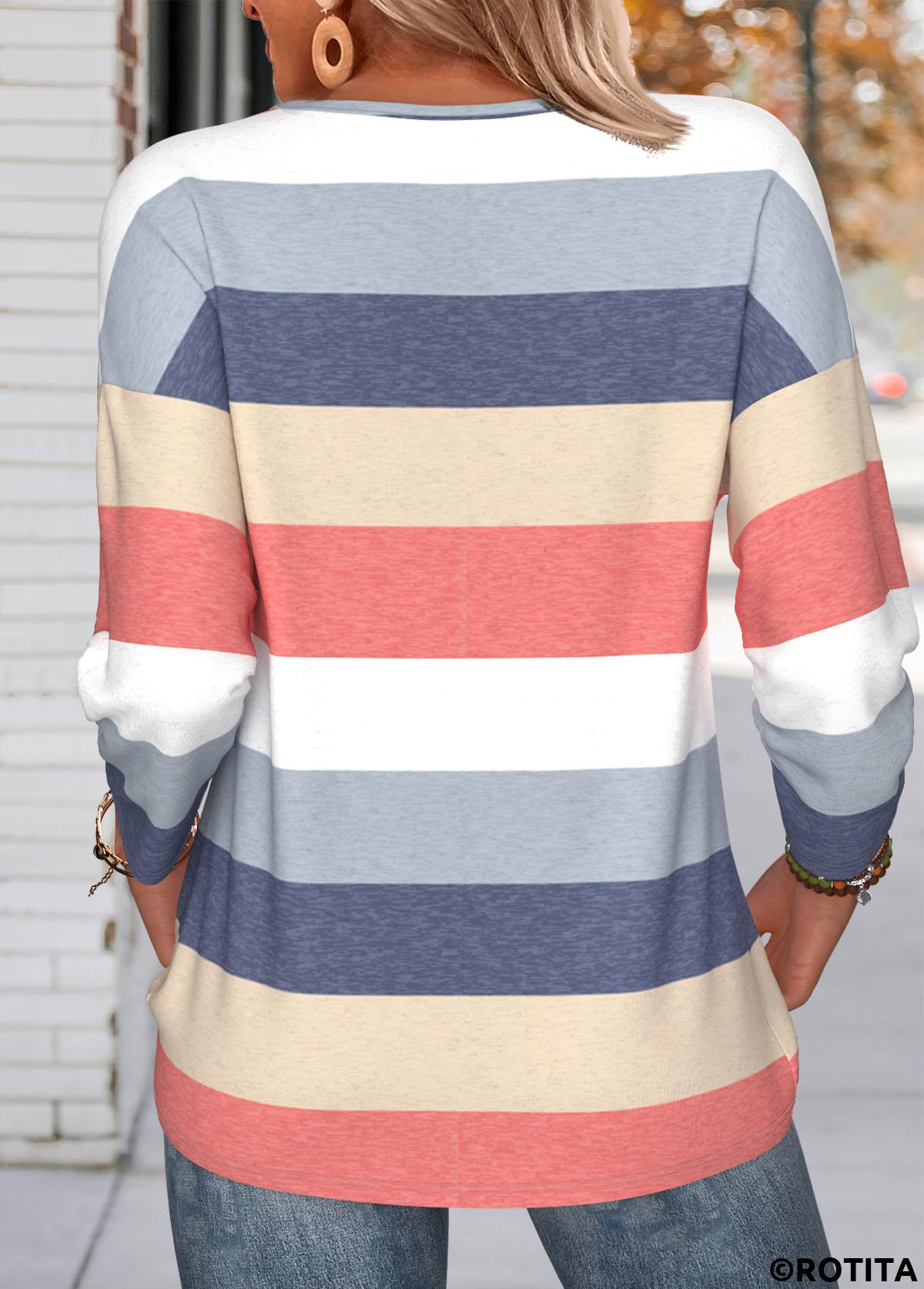 Multi Color tops,Striped tops,Geometric tops,ROTITA Tummy Coverage Striped Navy Round Neck T Shirt