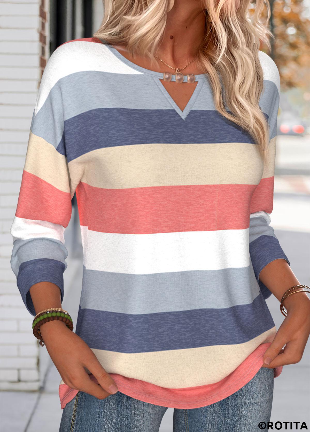 Multi Color tops,Striped tops,Geometric tops,ROTITA Tummy Coverage Striped Navy Round Neck T Shirt
