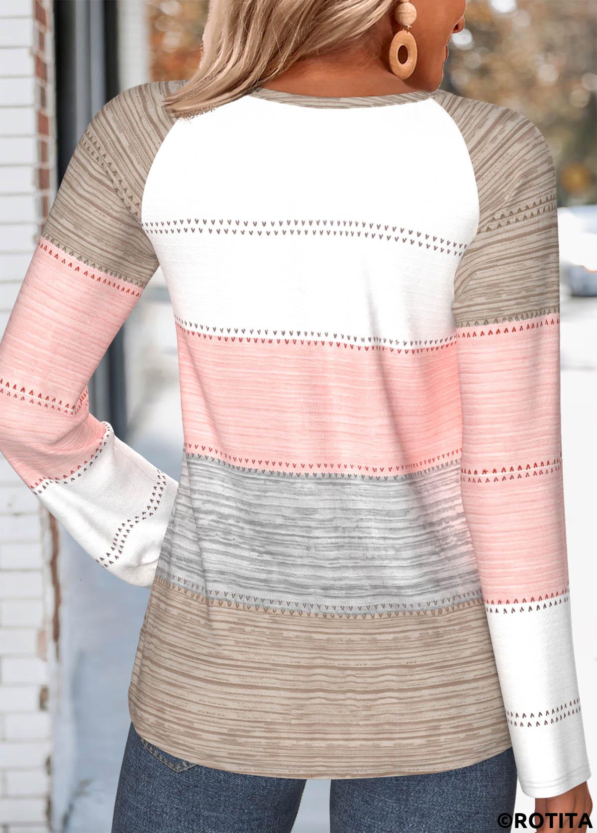 Multi Color tops,Striped tops,Geometric tops,ROTITA Tummy Coverage Striped Multi Color Split Neck T Shirt
