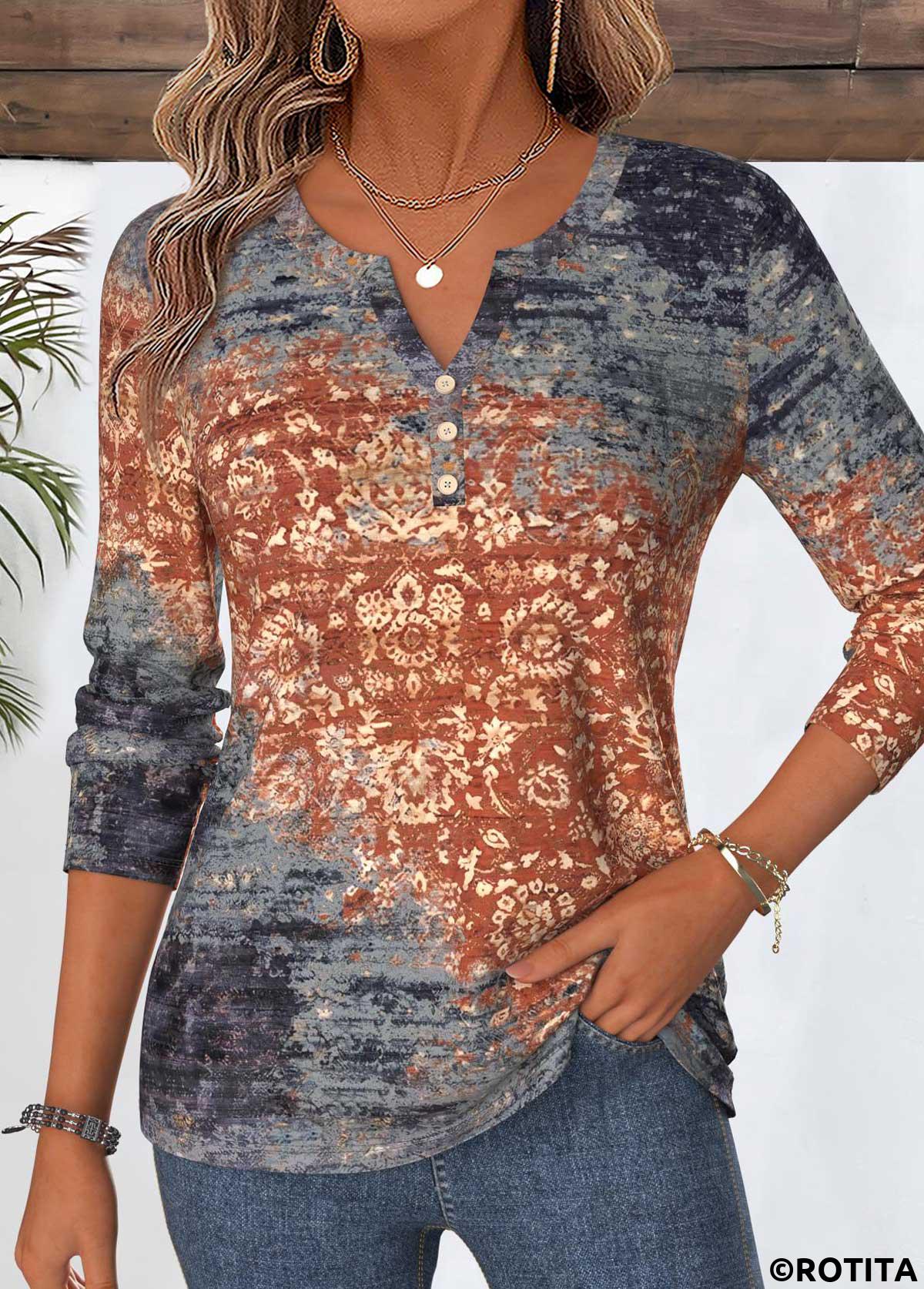 Dusty Blue tops,Tribal tops,ROTITA Curved Hem Tribal Print Dusty Blue T Shirt