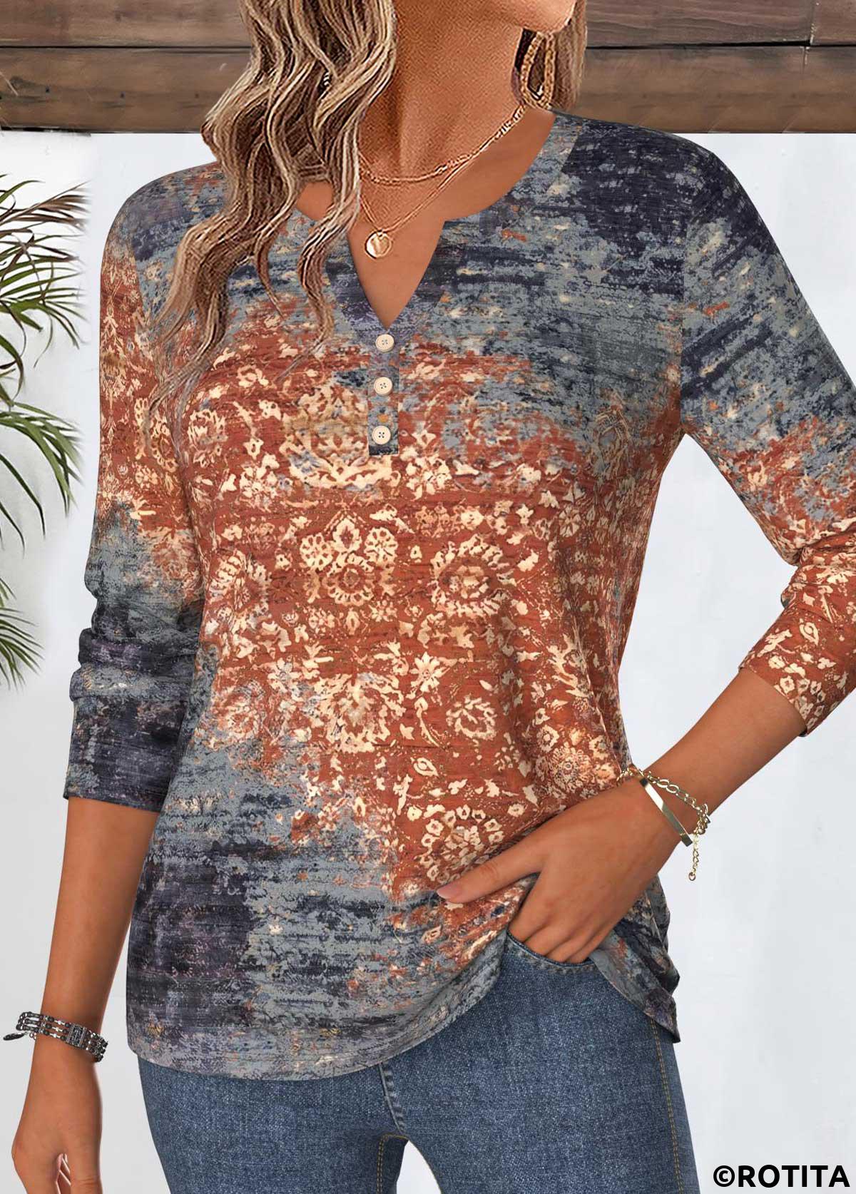 Dusty Blue tops,Tribal tops,ROTITA Curved Hem Tribal Print Dusty Blue T Shirt