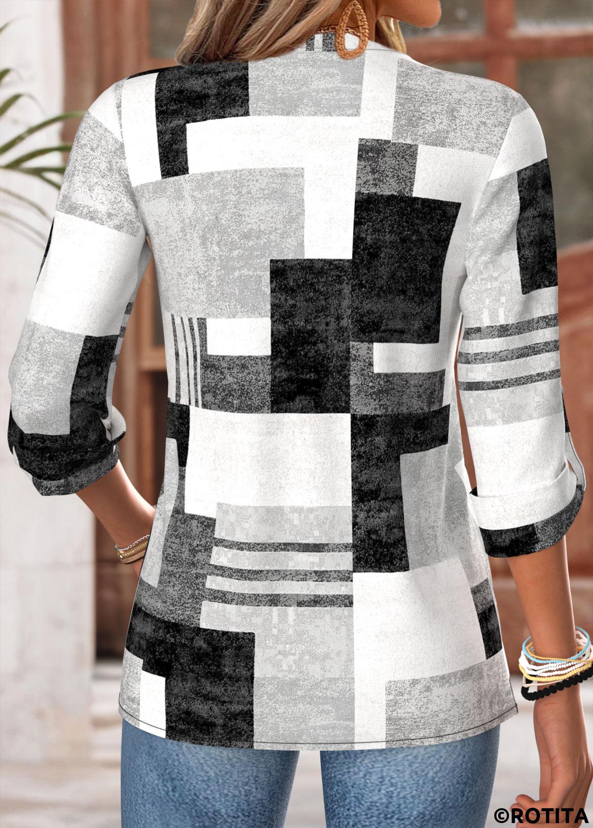 Dark Grey tops,Geometric tops,ROTITA Tummy Coverage Geometric Print Dark Grey Split Neck Blouse