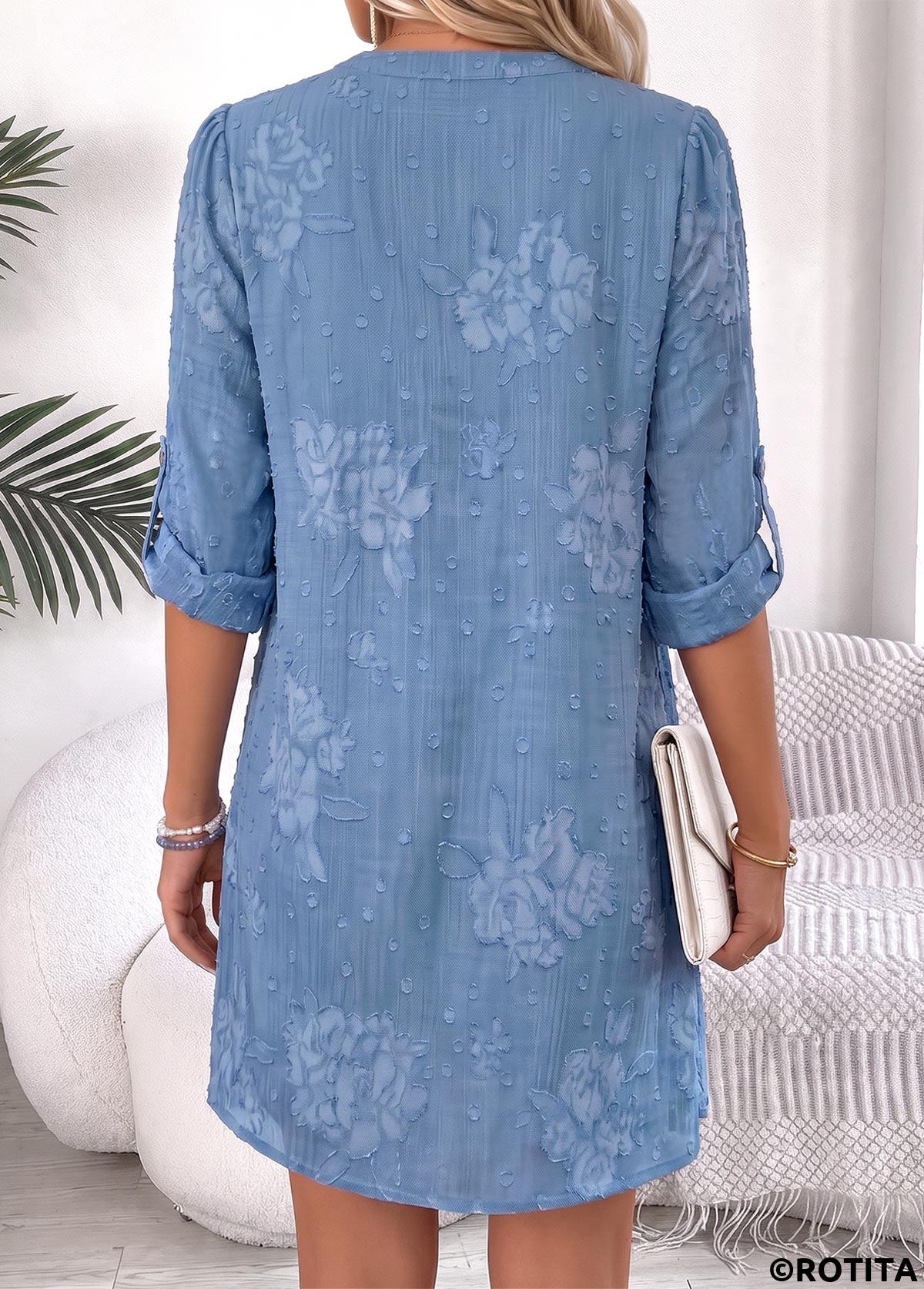 Blue dresses,Plain Color dresses,Everyday dresses,Casual dresses,ROTITA Blue Tummy Coverage Short Split Neck Long Sleeve Dress