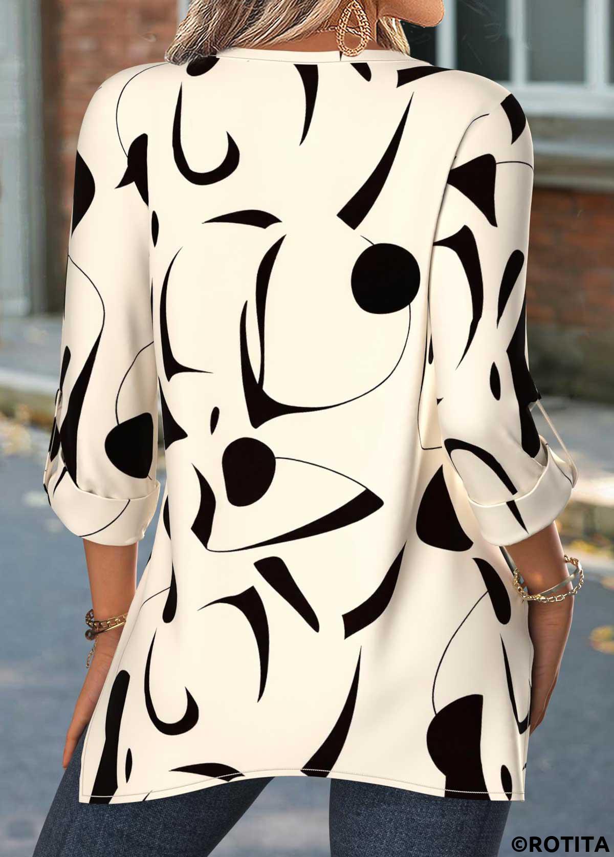 Beige tops,Geometric tops,ROTITA Patchwork Geometric Print Beige Split Neck 3/4 Sleeve Blouse