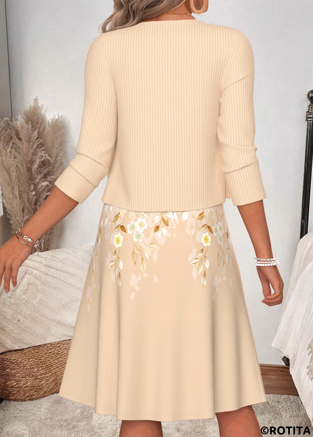 Beige dresses,Floral dresses,Plants dresses,Everyday dresses,Casual dresses,ROTITA Beige Floral Print Two-piece V Neck Dress and Cardigan