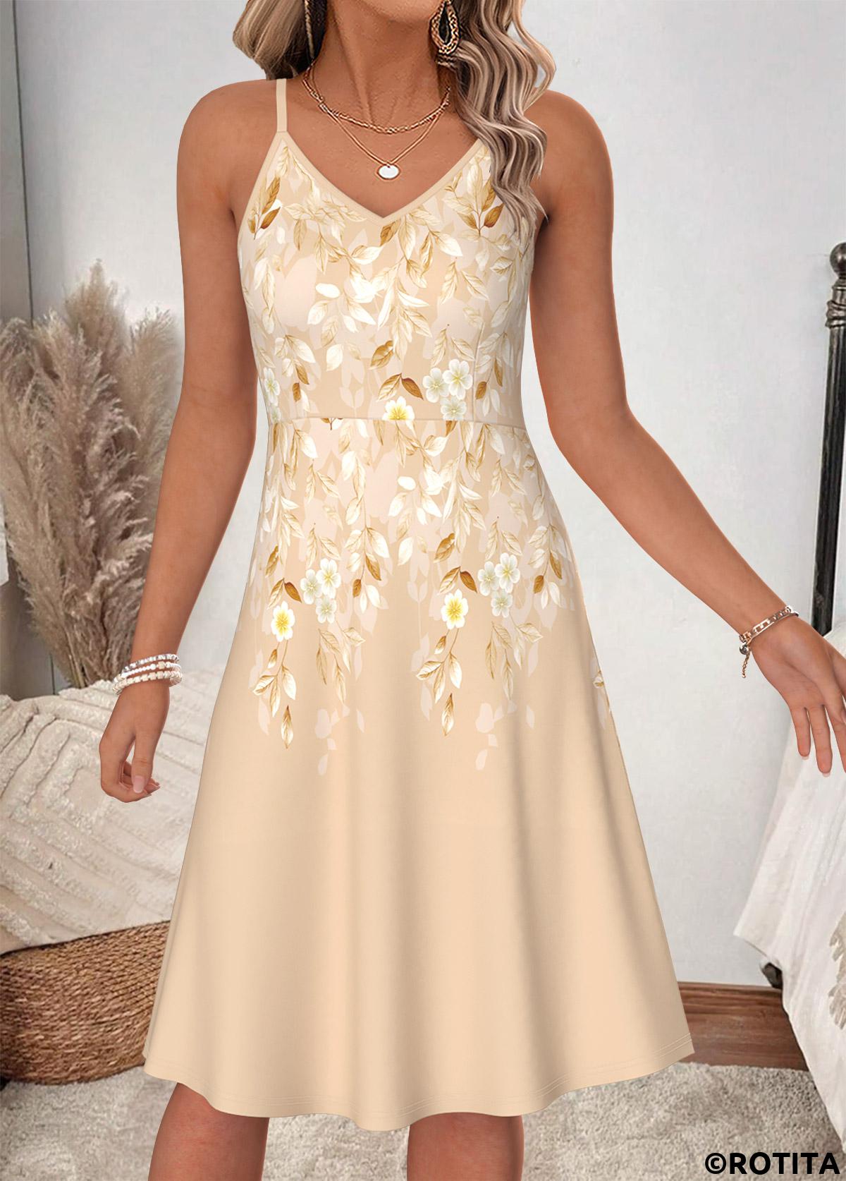 Beige dresses,Floral dresses,Plants dresses,Everyday dresses,Casual dresses,ROTITA Beige Floral Print Two-piece V Neck Dress and Cardigan