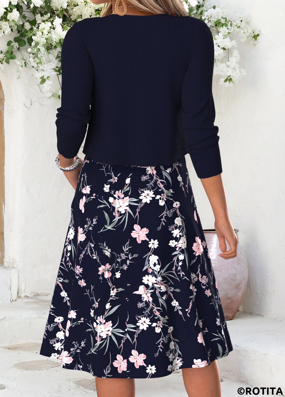Navy dresses,Floral dresses,Plants dresses,Everyday dresses,Casual dresses,ROTITA Navy Floral Print Double Side Pockets V Neck Dress