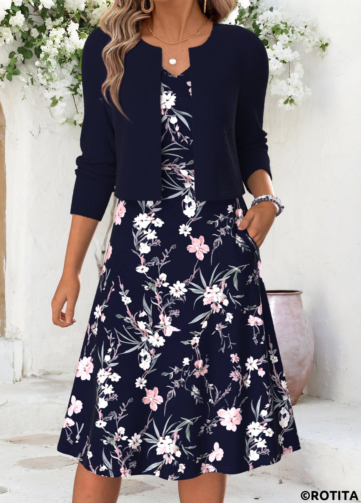 Navy dresses,Floral dresses,Plants dresses,Everyday dresses,Casual dresses,ROTITA Navy Floral Print Double Side Pockets V Neck Dress
