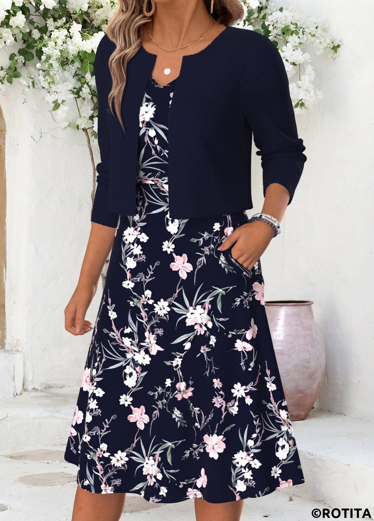 Navy dresses,Floral dresses,Plants dresses,Everyday dresses,Casual dresses,ROTITA Navy Floral Print Double Side Pockets V Neck Dress
