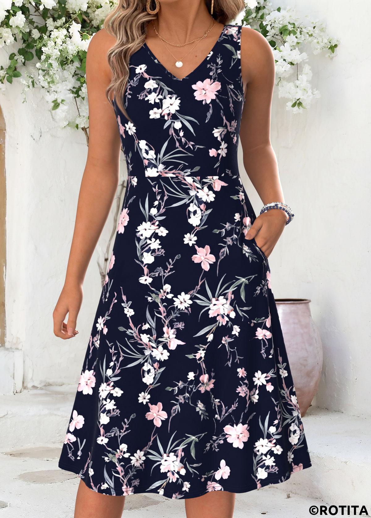 Navy dresses,Floral dresses,Plants dresses,Everyday dresses,Casual dresses,ROTITA Navy Floral Print Double Side Pockets V Neck Dress