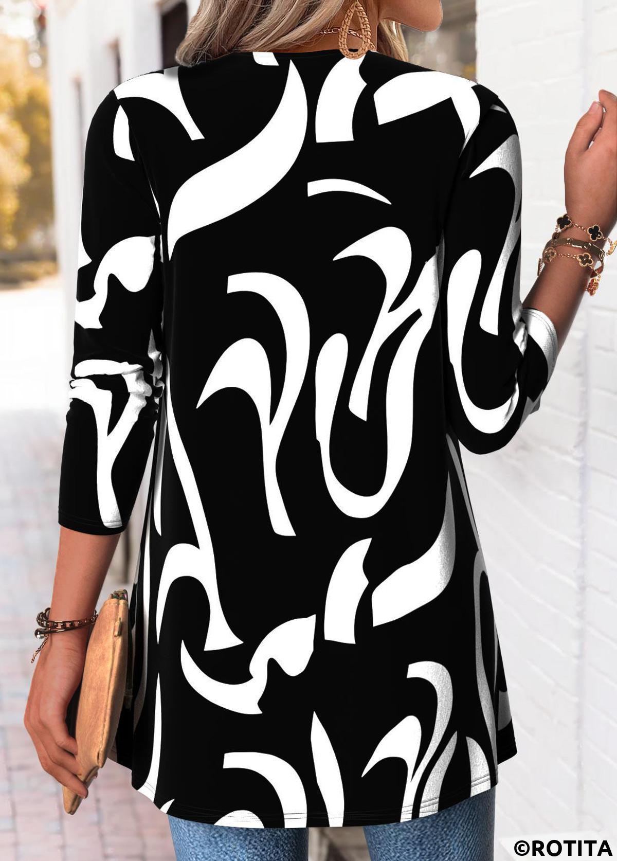 Black tops,Geometric tops,ROTITA Geometric Print Black Long Sleeve Fake Two Piece Twinset