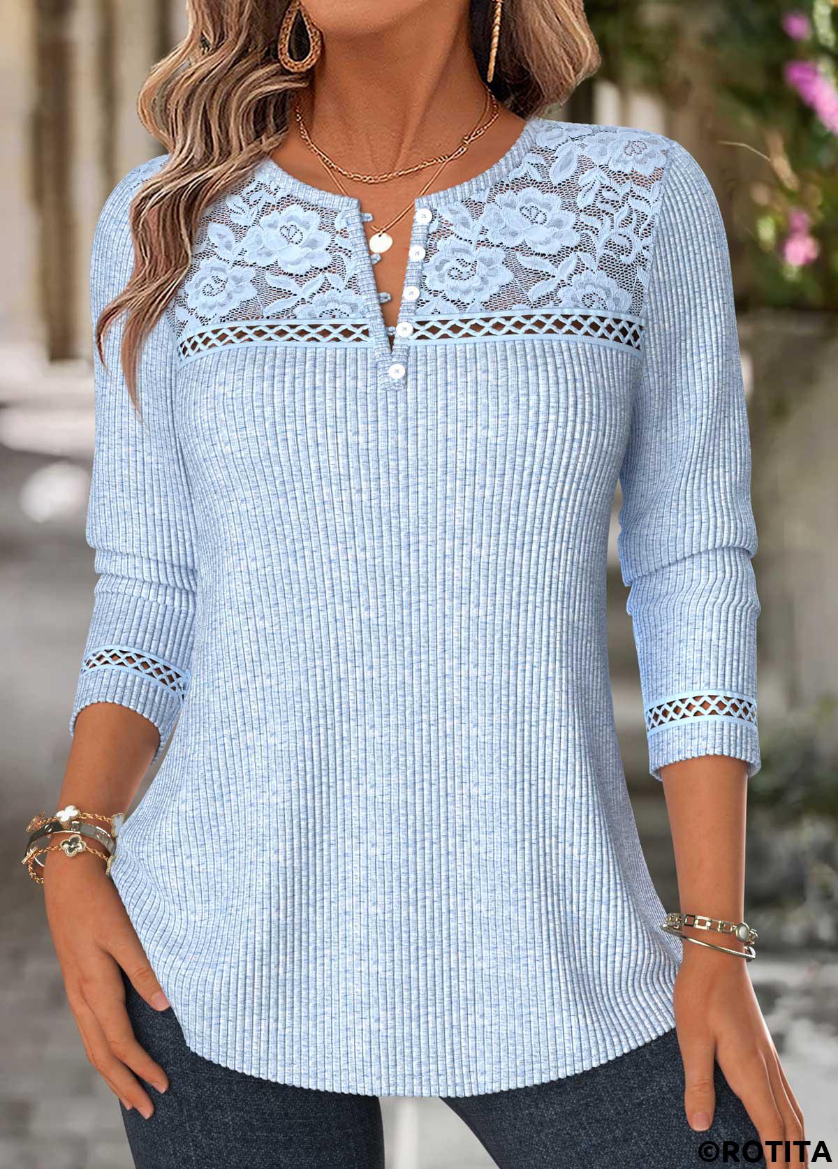 Blue tops,Plain Color tops,ROTITA Patchwork Blue Split Neck Long Sleeve T Shirt