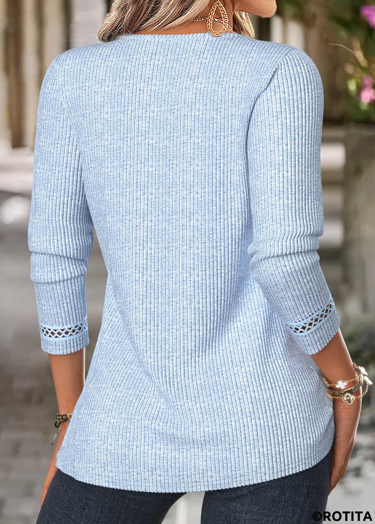 Blue tops,Plain Color tops,ROTITA Patchwork Blue Split Neck Long Sleeve T Shirt