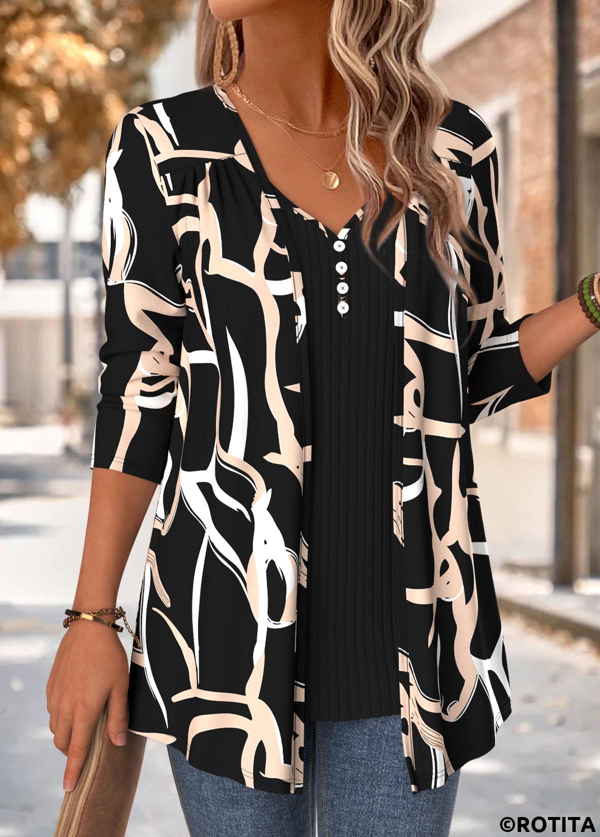 Black tops,Geometric tops,ROTITA Geometric Print Black V Neck Fake Two Piece Twinset