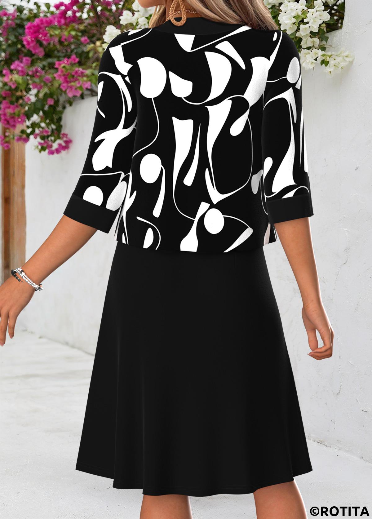 Black dresses,Geometric dresses,Everyday dresses,Casual dresses,ROTITA Black Geometric Print Tummy Coverage Round Neck Dress