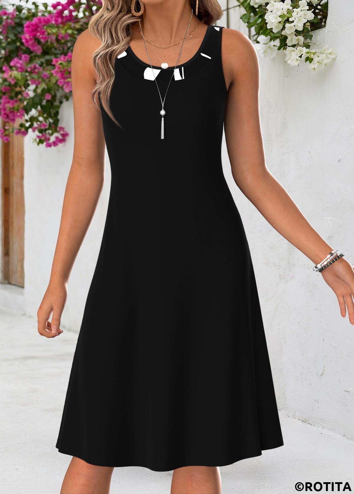 Black dresses,Geometric dresses,Everyday dresses,Casual dresses,ROTITA Black Geometric Print Tummy Coverage Round Neck Dress