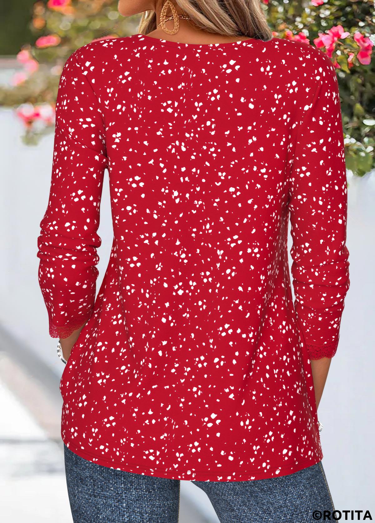 Red tops,Geometric tops,ROTITA Patchwork Geometric Print Red Split Neck T Shirt