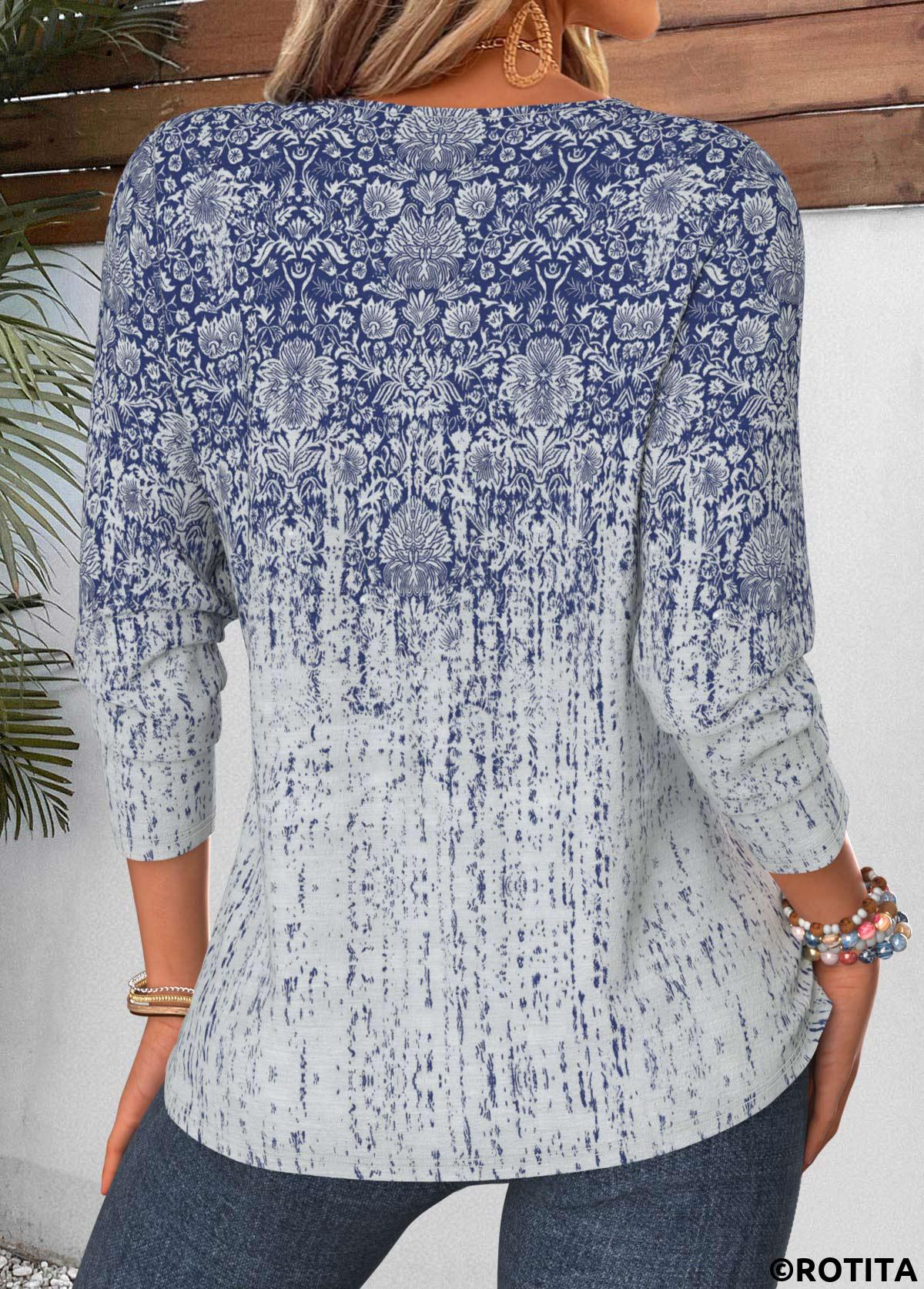 Blue tops,Tribal tops,ROTITA Curved Hem Tribal Print Blue Split Neck T Shirt