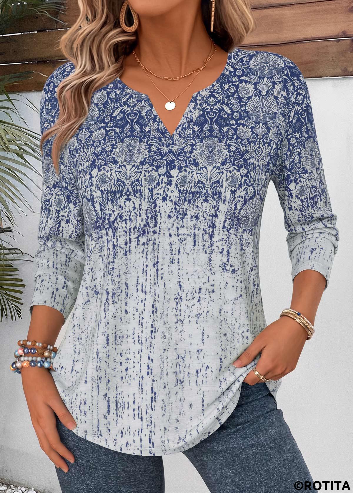 Blue tops,Tribal tops,ROTITA Curved Hem Tribal Print Blue Split Neck T Shirt